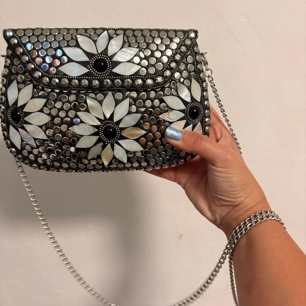 Antik Kraft Studded Mother of Pearl Floral Crossbody Bag Statement Festival